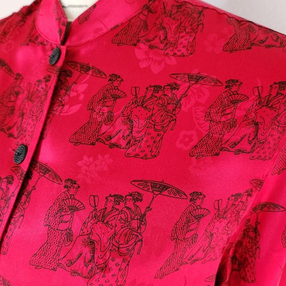 Vintage Chico's Design Silk Satin Japanese Art Mandarin Neck Blouse Button Red - Picture 3 of 11